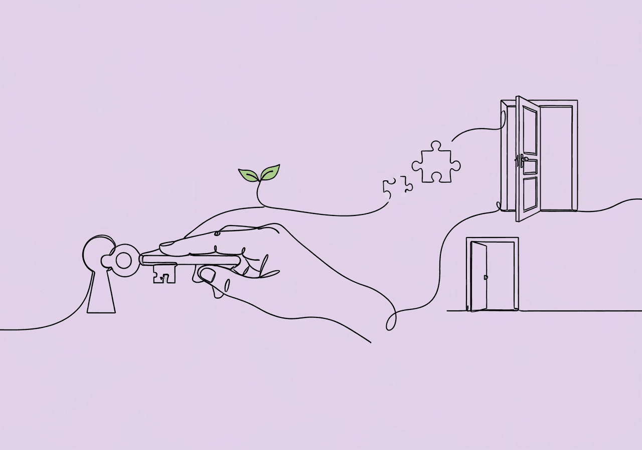 Master Motivating Operations ABA Glossary Essentials Minimalist line art illustration for Motivating Operations ABA glossary, showing a hand turning a key in a keyhole with a path leading to an open door—symbolizing behavior change, opportunity, and motivation in ABA.