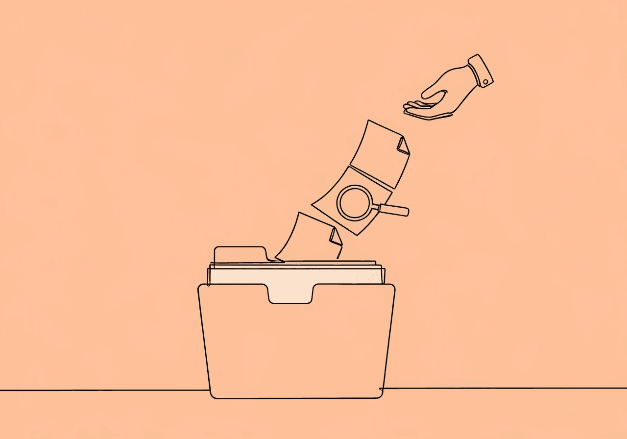 Master Motivating Operations Documentation in ABA Minimalist line art of an open folder with flowing sheets transforming into a magnifying glass and a helping hand, illustrating motivating operations documentation for BCBAs and RBTs. Captures thoughtful assessment and effective record-keeping.