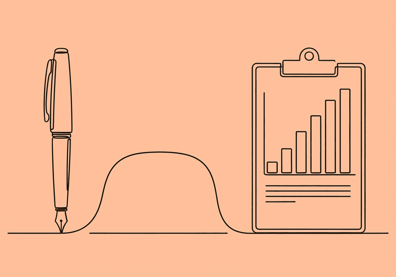 Narrative vs Data-Driven ABA Notes: Pros & Cons Minimalist line art illustration for 'Narrative vs Data-Driven ABA Notes' showing a fountain pen connected to a bar-chart clipboard, symbolizing the balance between storytelling and analytics in ABA documentation.