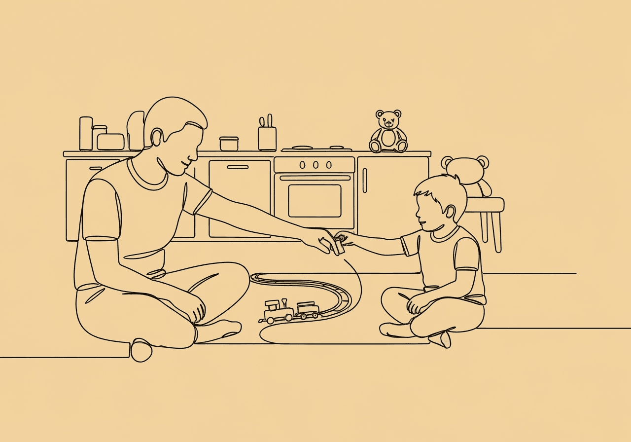 Natural Environment Teaching (NET) at Home: A Parent's Guide to Generalizing ABA Skills Minimalist line drawing of a parent and child engaging with a toy on the living room floor, illustrating NET at home for parents by emphasizing natural teaching moments and everyday routines.