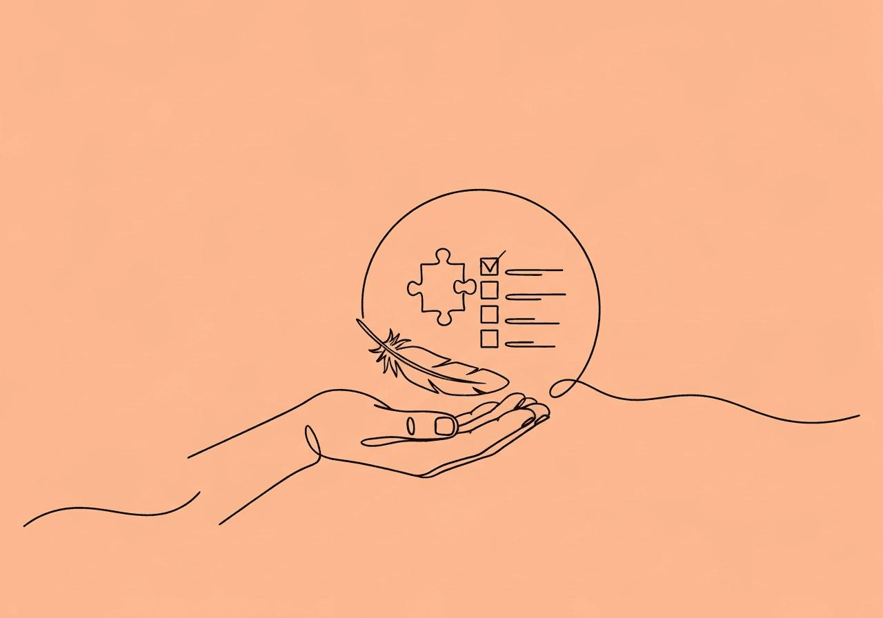 Non-Aversive Behavior Documentation for BCBAs Minimalist line art illustration for non-aversive behavior documentation BCBA, showing an outstretched hand balancing a feather and encircling a puzzle piece with a checklist—symbolizing ethical, detailed, and gentle ABA documentation practices.