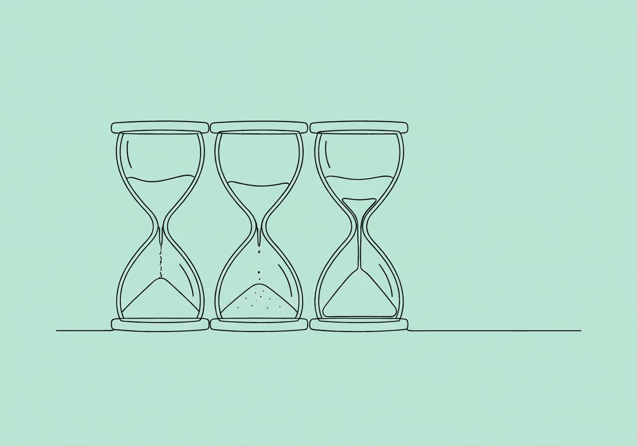Non-Continuous Measurement Definitions in ABA for RBTs Minimalist line art of three hourglasses, each illustrating a unique segment of time, visually representing non-continuous measurement definitions for MTS, PIR, and WIR in ABA. This concept links time sampling methods to behavioral observation.