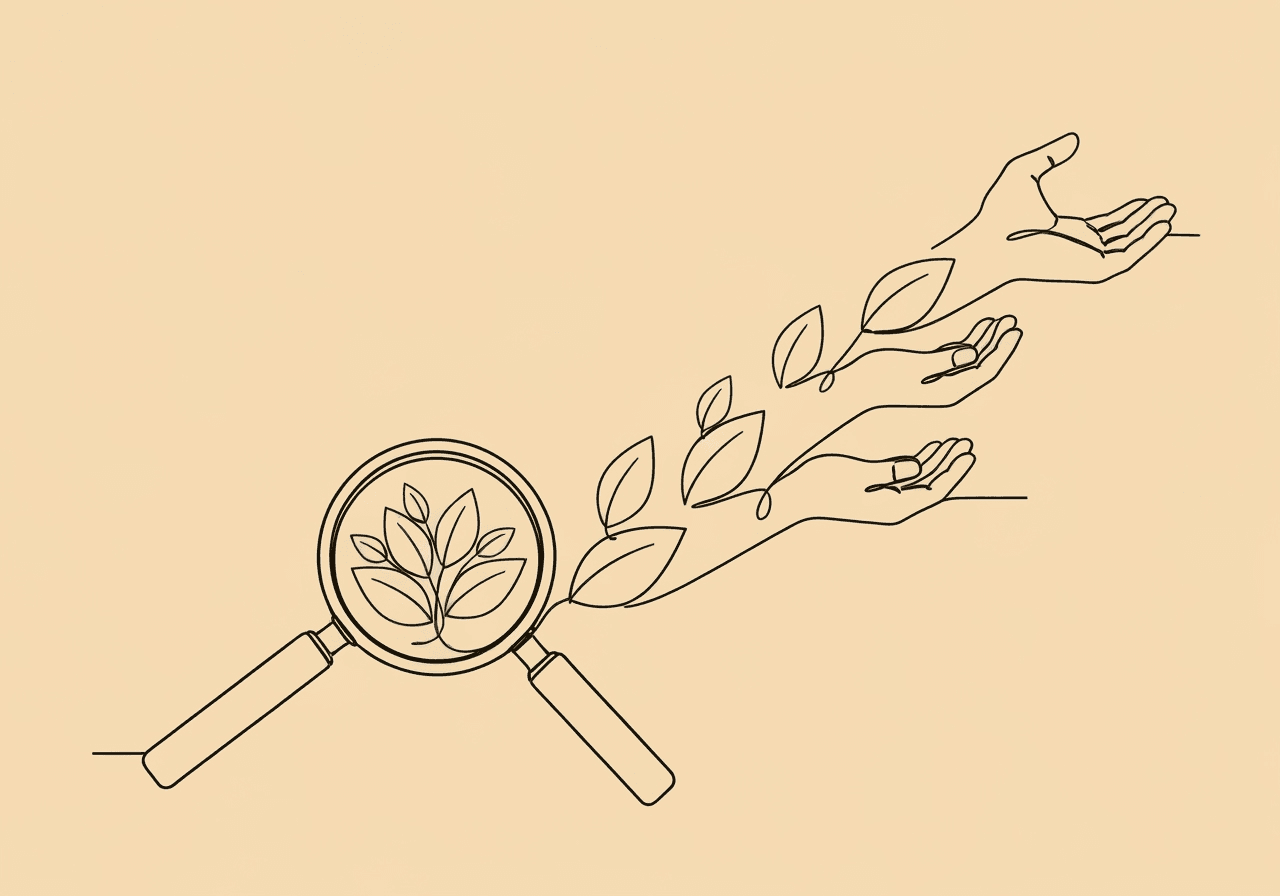 Organizational Behavior Management Terms for BCBAs Minimalist line art illustration for Organizational Behavior Management terminology BCBA. A magnifying glass examines varied leaves, which transform into open hands, symbolizing workplace analysis and positive behavioral guidance central to OBM practice.