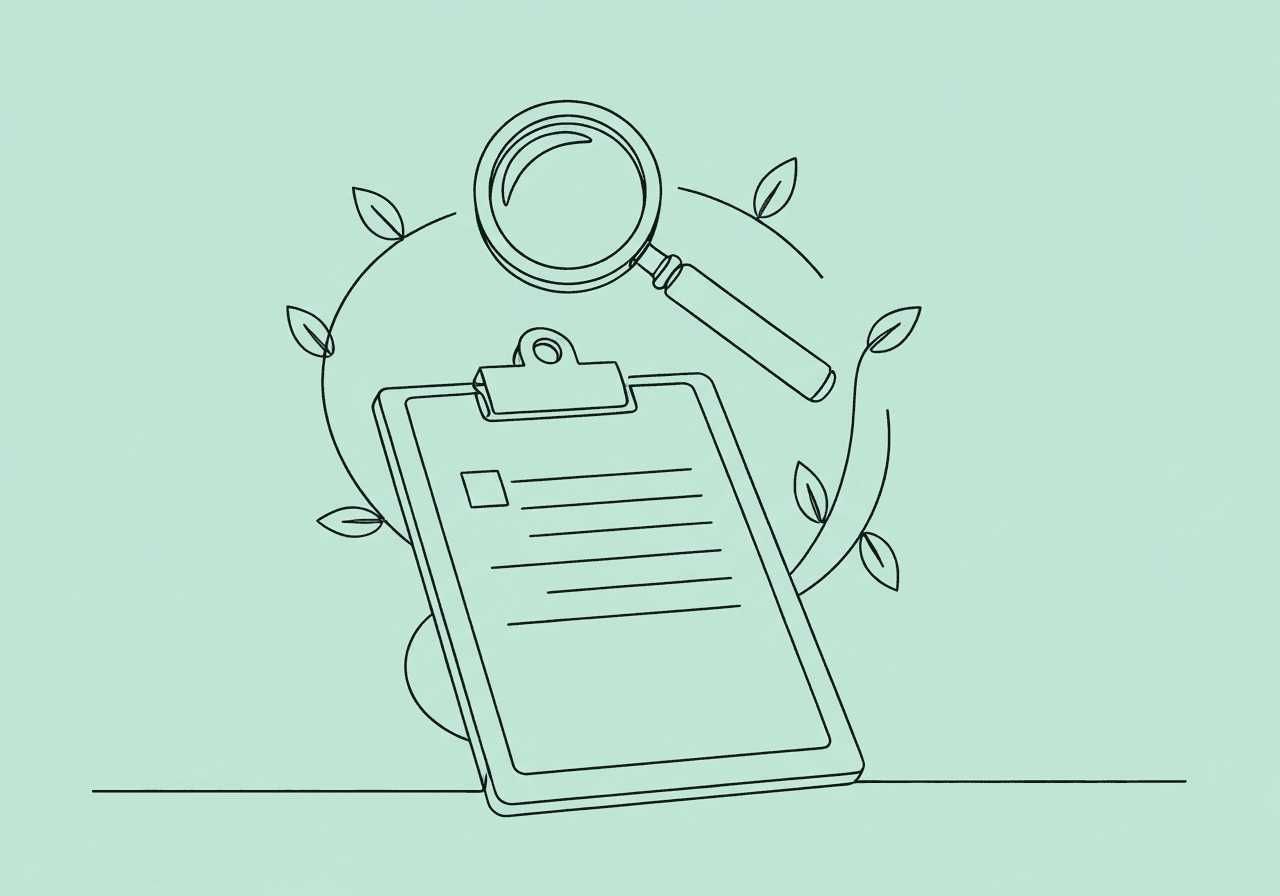 OIG Medicaid Audit Documentation: Top Fixes for BCBAs Line art illustration for OIG Medicaid audit documentation: a clipboard under a magnifying glass with a vine winding around both, symbolizing careful review and proactive improvement in behavioral health records.