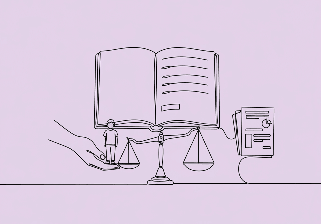 1:1 RBT Staffing Documentation: Clinical Guide Minimalist line art illustrating 1:1 RBT staffing documentation by showing a balanced scale atop an open notebook, with one side supporting a child and the other holding documents—visualizing the careful documentation and justification required in clinical staffing decisions.