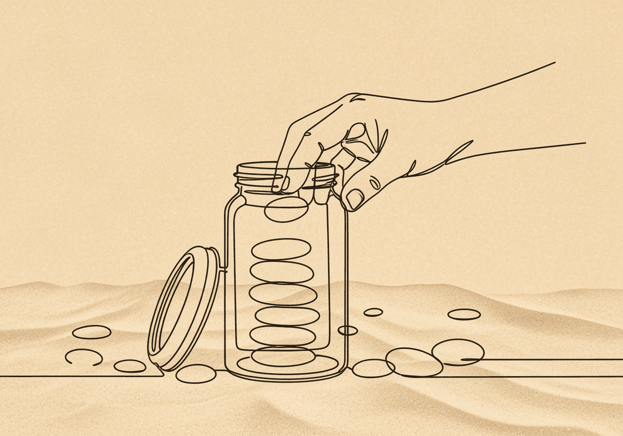 Operational Definition ABA RBT: Beginner's Guide Minimalist line art shows a hand placing a pebble into a glass jar, symbolizing how operational definitions in ABA RBT bring clarity and order to observed behaviors, contrasting structure with ambiguity.