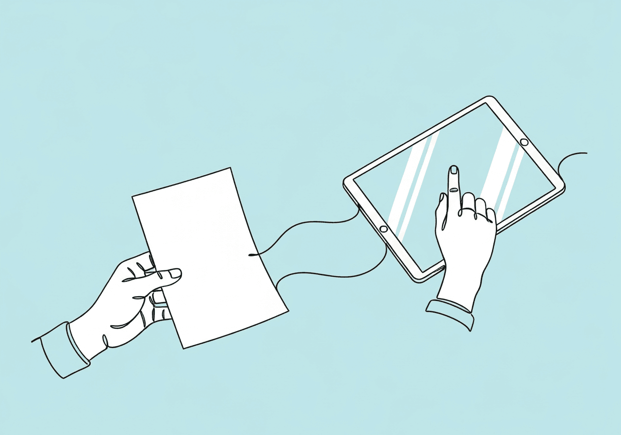 Paper vs Digital ABA Documentation: Pros & Cons Minimalist line art featuring a hand transitioning between holding paper and a digital tablet, visually representing the contrast between paper vs digital ABA documentation in behavioral practice management.