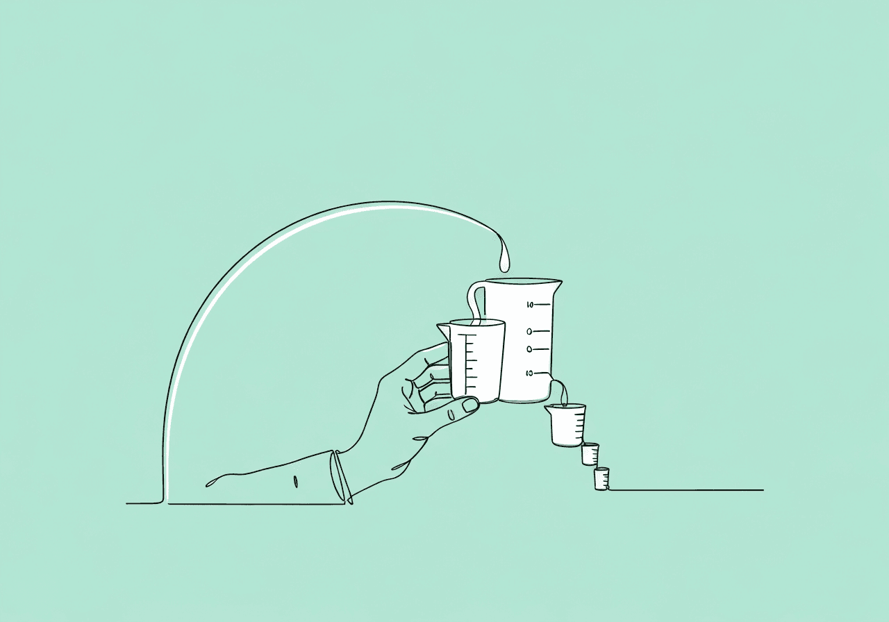 Parametric Analysis Documentation for BCBAs Minimalist line art shows a clinician's hand adjusting a series of nesting measuring cups in an arc, visually symbolizing parametric analysis documentation and careful treatment dosage justification in applied behavior analysis.