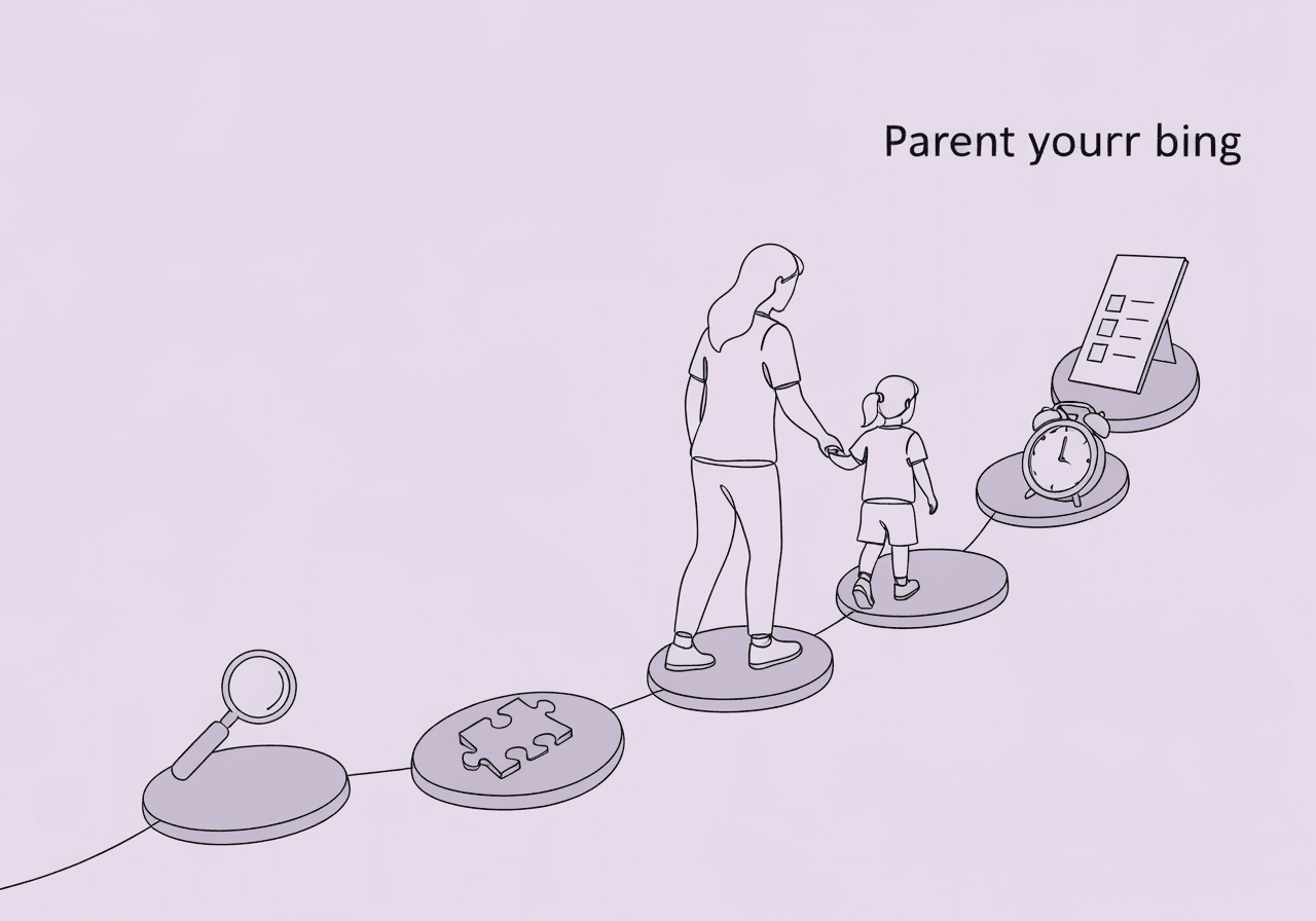 BIP Fidelity for Parents: Simplify Implementation at Home A minimalist line art illustration for BIP procedural fidelity for parents, depicting a parent guiding a child along stepping stones shaped like daily objects, symbolizing clear, supportive steps in behavior intervention.