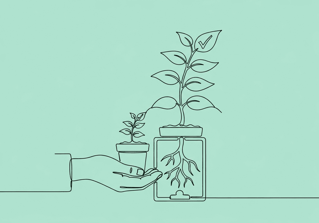 Parent Training Fidelity: ABA Checklist Guide Minimalist line art of a hand nurturing a plant that grows checklist leaves, visually representing parent training fidelity in ABA with a focus on home compliance tracking.