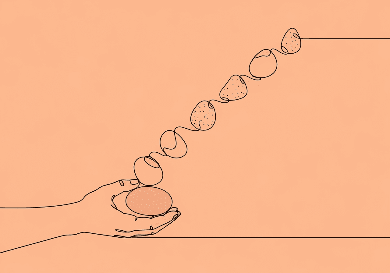 Philosophical Assumptions of ABA: Essential Guide for BCBAs Minimalist line art shows a hand lifting six unique stones in an upward arc, visually representing the six philosophical assumptions of ABA and the foundational nature of these core beliefs.