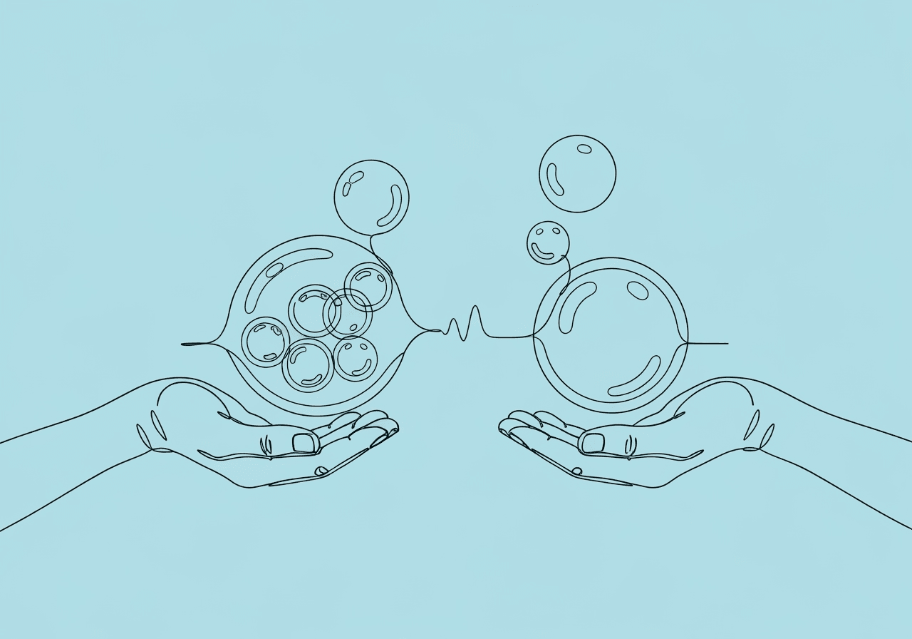 PIR vs MTS ABA: Key Differences Explained Minimalist line art of hands gently holding floating bubbles, symbolizing the comparison between partial interval recording and momentary time sampling in PIR vs MTS ABA data collection methods.