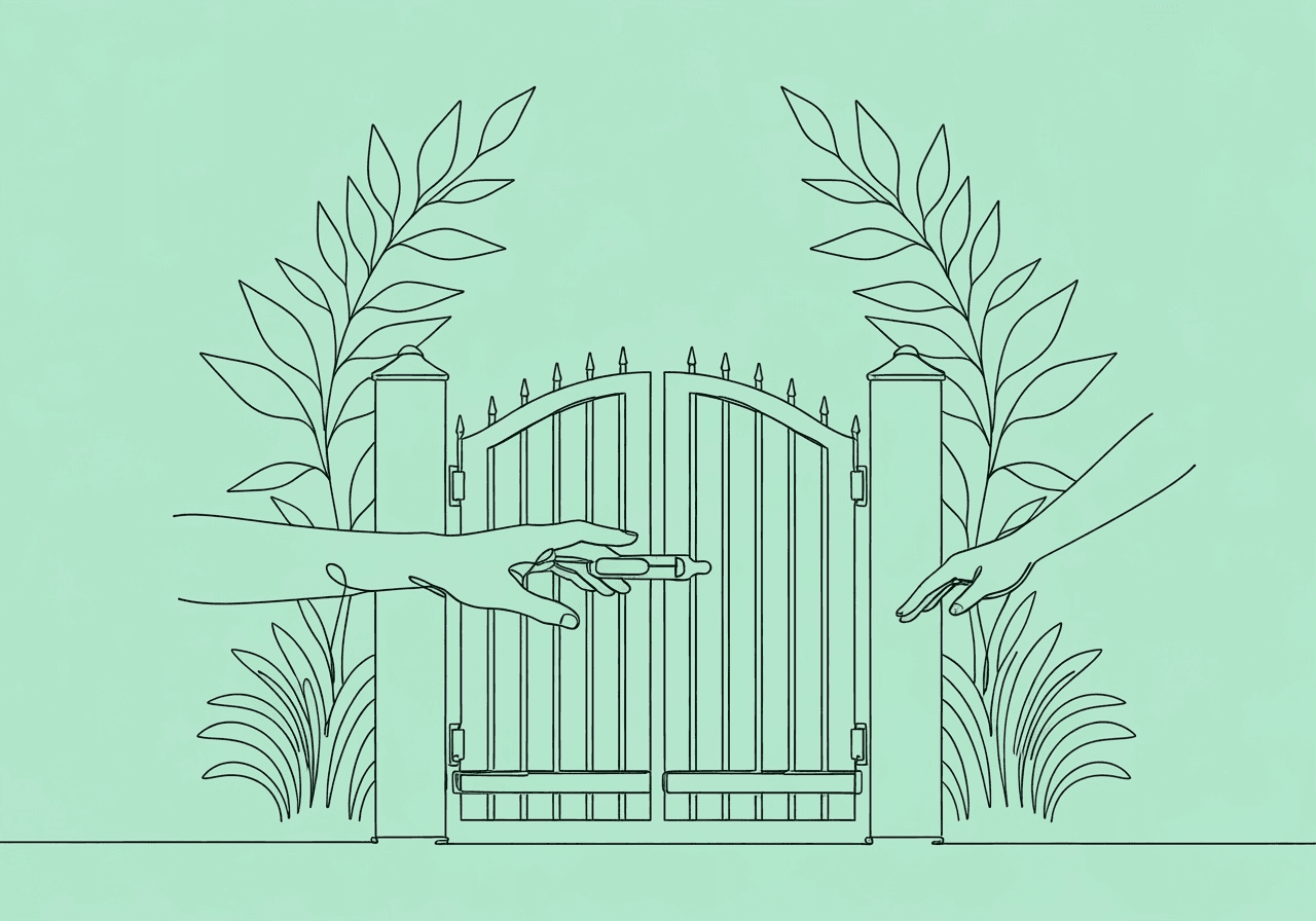Professional Boundaries in ABA: A Beginner's Guide for RBTs and BCBAs Minimalist line art shows a garden gate separating two tended plots, illustrating ABA professional boundaries through distinct spaces and respectful distance between hands. This visual metaphor highlights maintaining ethical limits in ABA practice.