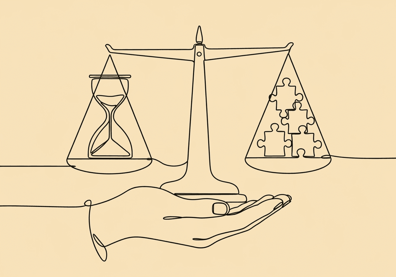 Rate vs. Percentage of Occurrence: A BCBA's Guide to Choosing the Right Measurement for Documentation Minimalist line art illustration of a balancing scale, with an hourglass on one side and puzzle pieces on the other, visually comparing rate vs percentage of occurrence in ABA documentation for a BCBA guide.