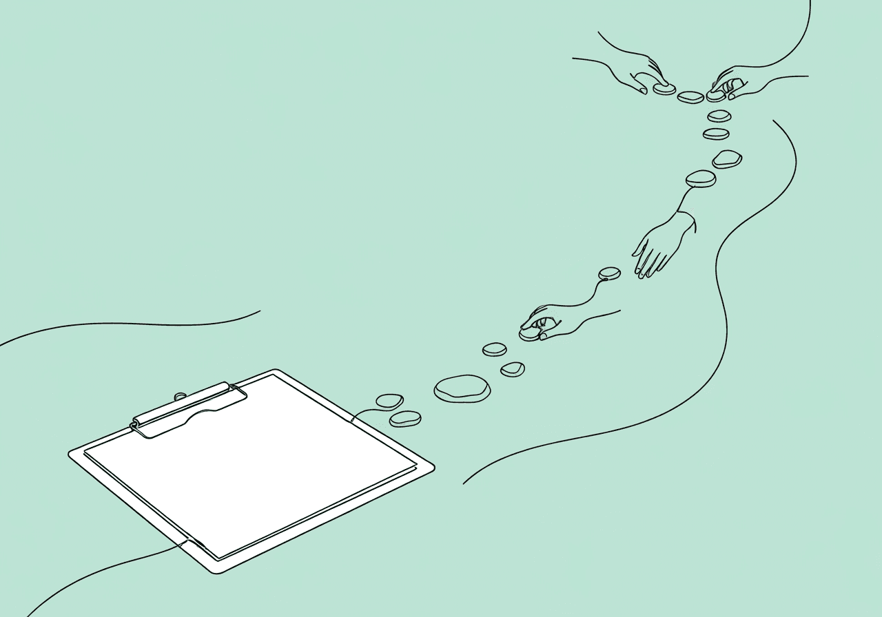 RBT Baseline Data Documentation Guide for Beginners Minimal line art of a clipboard with a gently winding path of stepping stones and hands placing stones, symbolizing the step-by-step process of RBT baseline data documentation for ABA interventions.
