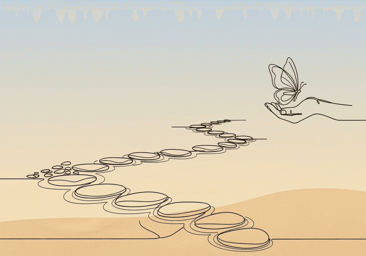 RBT Behavior Reduction Procedures: Section D Prep Minimalist line art illustrating RBT behavior reduction procedures, featuring stepping stones transitioning from chaos to order and leading to a calm hand with a butterfly, symbolizing progress in behavioral support.