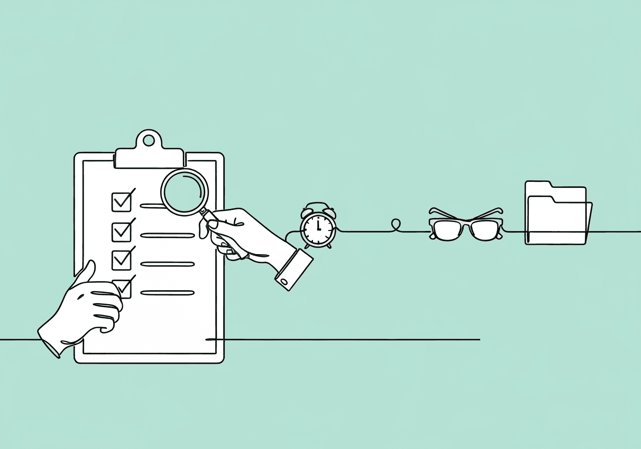 RBT BIP Documentation Checklist: Essential Steps for RBTs Minimalist line art illustration for an RBT BIP documentation checklist, depicting a flowing sequence from a clipboard to hand, magnifying glass, clock, eyeglasses, and folder, representing key steps in behavioral documentation compliance.