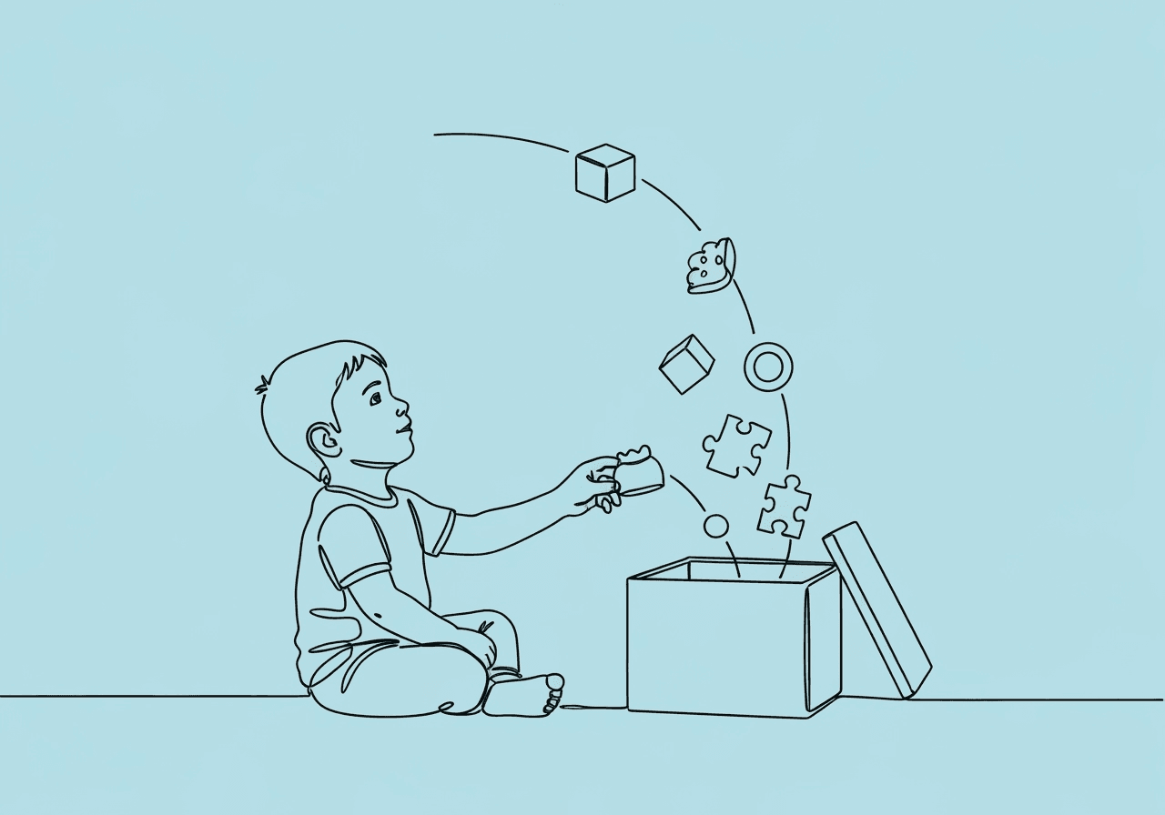 Master RBT Task List C-5: Naturalistic Teaching Essentials Minimalist line art illustration for RBT Task List C-5 naturalistic teaching shows a child engaging with toys in an inviting environment while an adult hand subtly arranges items, capturing the essence of incidental teaching.