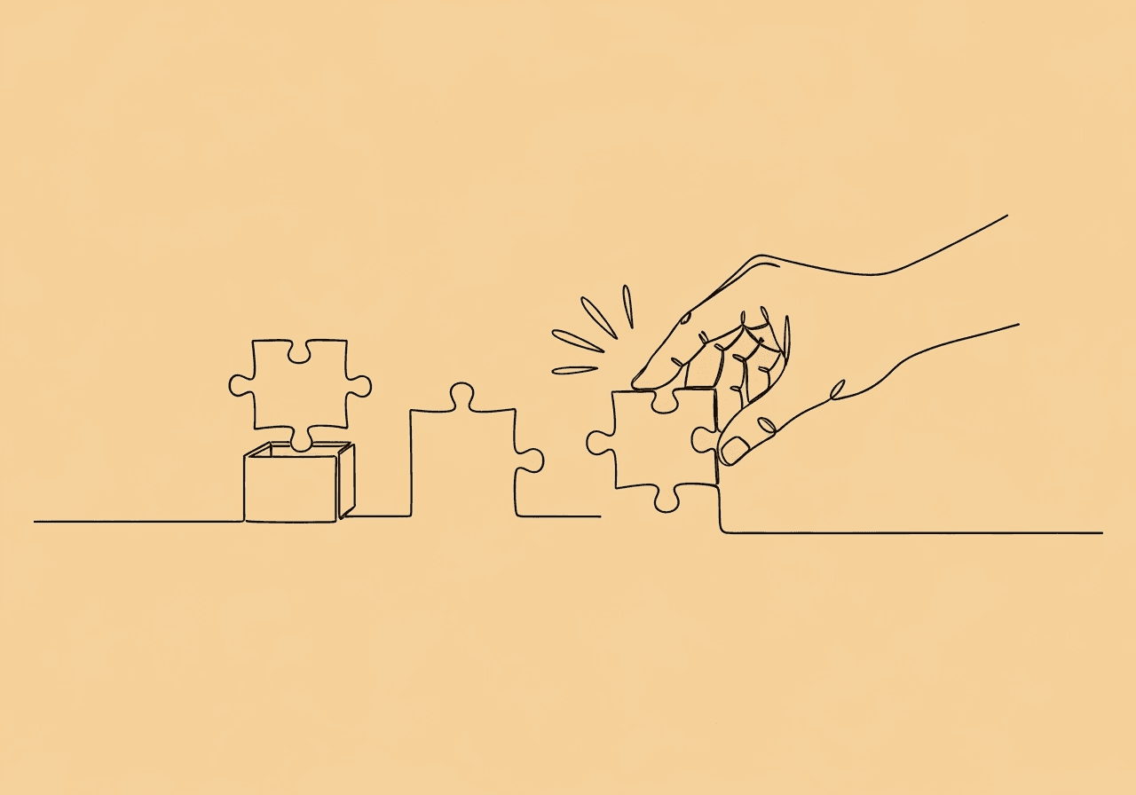 Master RBT Task List C-4: Discrete Trial Teaching Minimalist line art shows a hand guiding puzzle pieces into place, visually representing RBT Task List C-4 discrete trial teaching and its stepwise, structured teaching process under ABA principles.