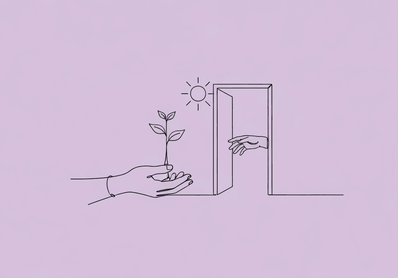 RBT Task List C-8: Stimulus Control Transfer Procedures Minimalist line art for 'RBT Task List C-8 stimulus control transfer,' depicting a hand nurturing a sapling morphing into a doorway, with another hand reaching independently toward a sun—illustrating prompt fading and building independent responding.