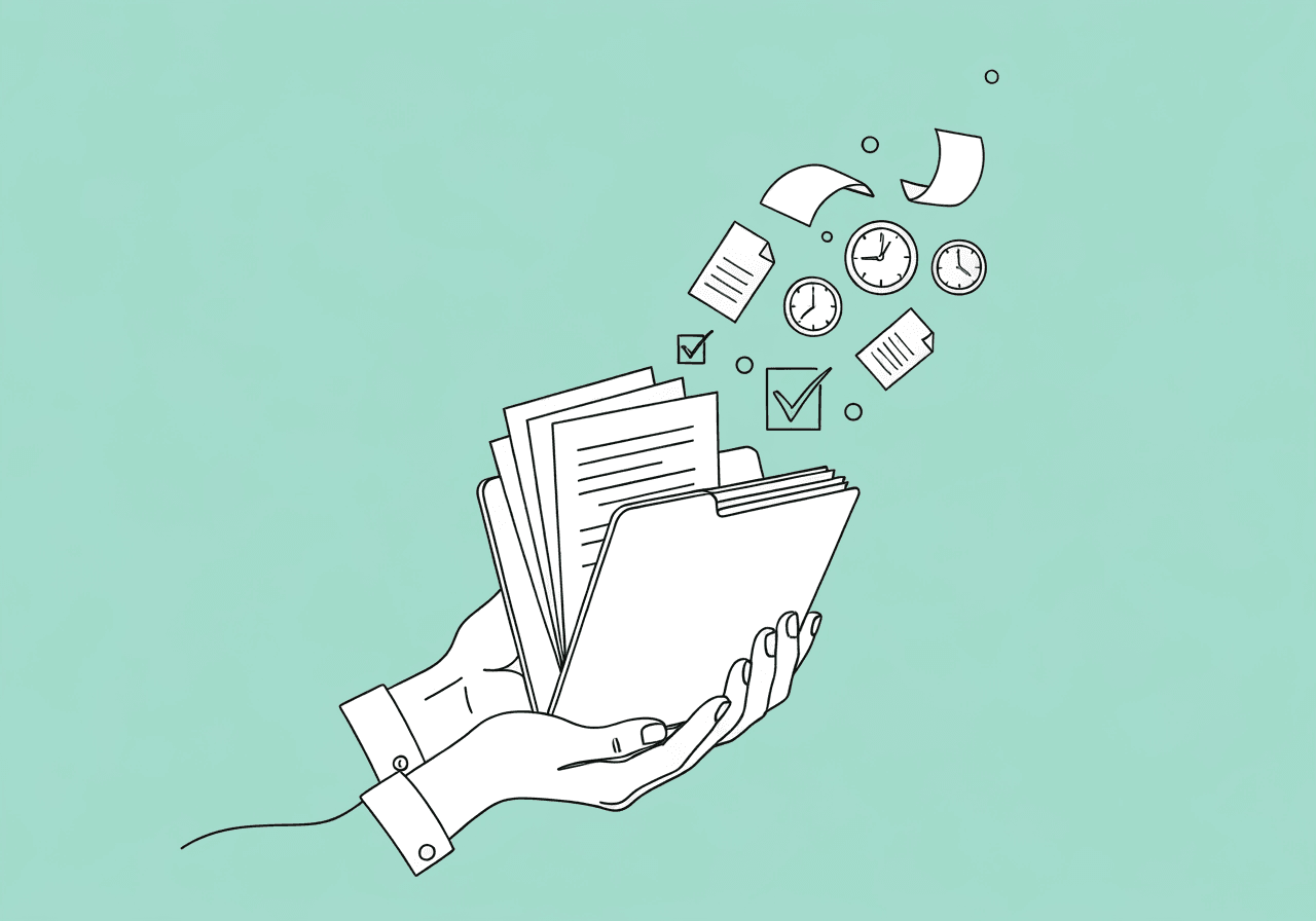 RBT Continuing Education Documentation: 2026 Guide Minimalist line art shows hands supporting an open folder with floating papers, symbolizing RBT continuing education documentation and audit readiness for compliance in 2026.