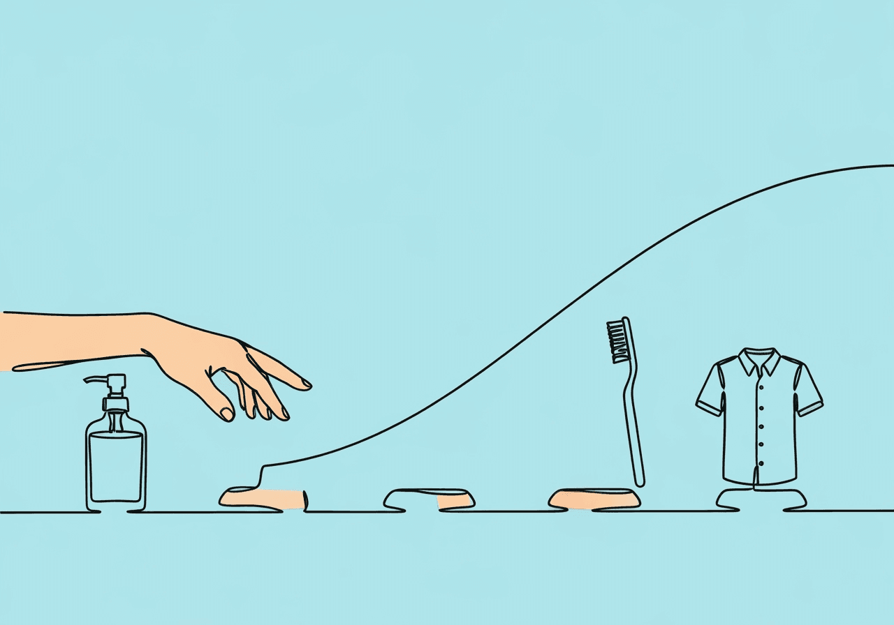 Master RBT C-6 Chaining Procedures for ABA Exam Minimalist line art on pastel blue of a hand reaching toward a sequence of objects—a soap dispenser, toothbrush, and shirt—connected by a flowing line, symbolizing RBT Task List C-6 chaining procedures as progressive skill steps.