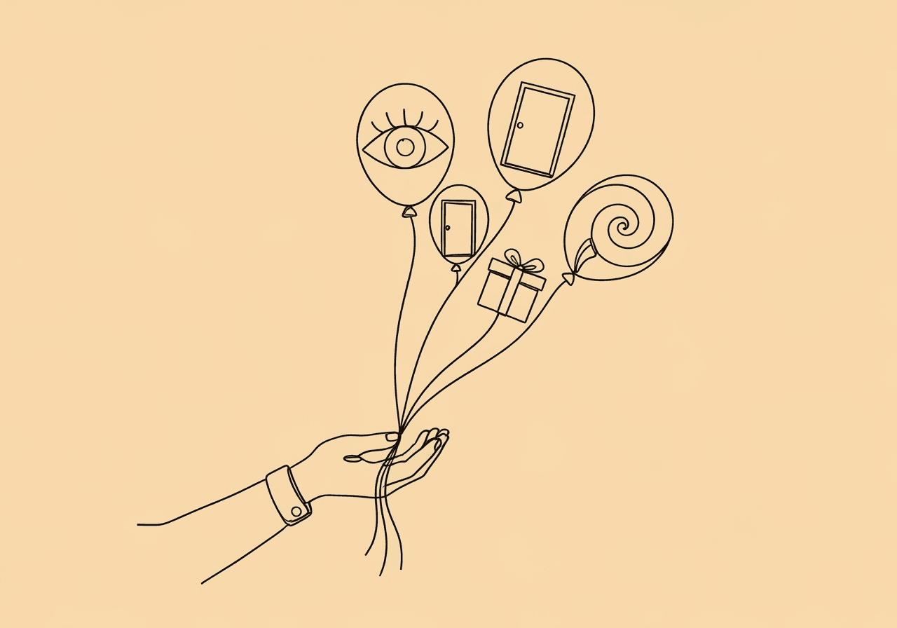 D-2: Describe common functions of behavior Minimalist line art illustration for RBT Task List D-2 common functions of behavior, showing a hand holding four uniquely shaped balloons to represent attention, escape, tangibles, and sensory functions, highlighting their distinct roles in behavior analysis.