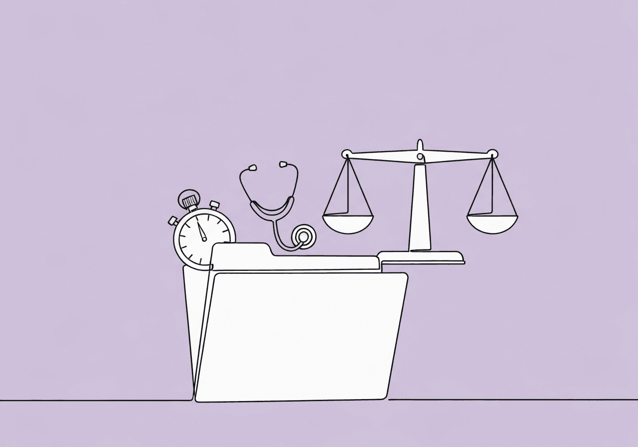 8 RBT Compensation Documentation Pitfalls for BCBAs Minimalist line art illustration on pastel lavender, showing documentation-related objects like a folder, stopwatch, stethoscope, and balanced scale to symbolize RBT compensation documentation challenges and ethical considerations discussed in the blog post.