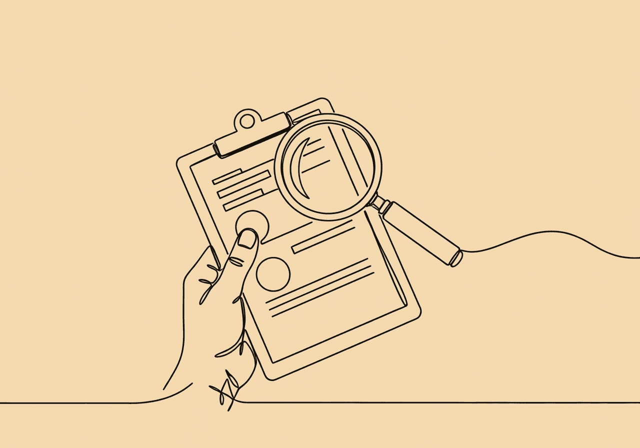 RBT 97152 Documentation Essentials Minimalist line art showing a hand holding a clipboard with a data sheet, and a magnifying glass examining details—representing RBT 97152 documentation process and careful assessment in a clear, relatable way.