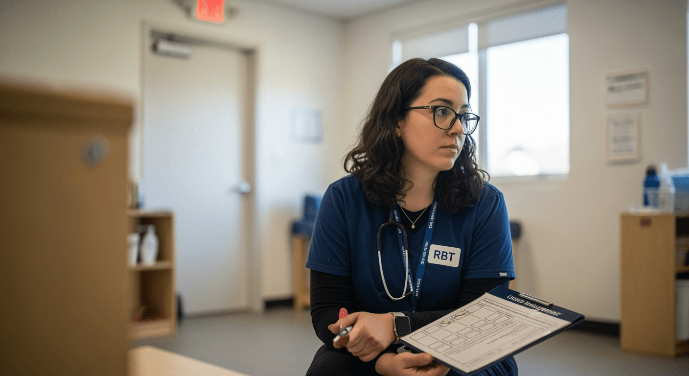 RBT Crisis Response Checklist: De‑escalation, Safety, and Post‑Crisis Documentation A focused Registered Behavior Technician (RBT) standing in a calm, tidy therapy room, subtly referencing a crisis management checklist, embodying preparedness.
