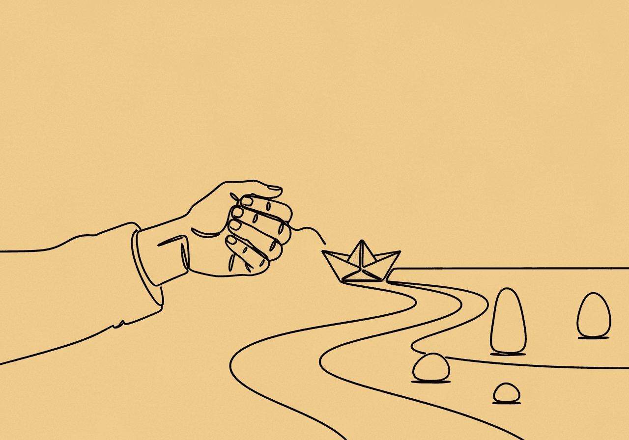 Master RBT D-01 Behavior Reduction Plan Components Minimalist line art illustration of a hand releasing a paper boat onto a winding stream, with three smooth stones symbolizing the essential RBT D-01 behavior reduction plan components. This visual metaphor captures the thoughtful structure behind effective behavior intervention.