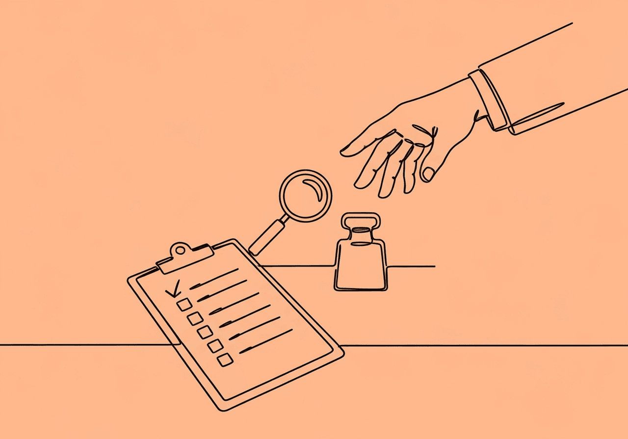 RBT Data Reliability Checklist: Master IOA & Accuracy Minimalist line art illustration for RBT data reliability checklist showing a clipboard with a checklist, a magnifying glass, and a calibration weight, symbolizing accuracy and verification in ABA data collection, relevant to reliable note-taking.