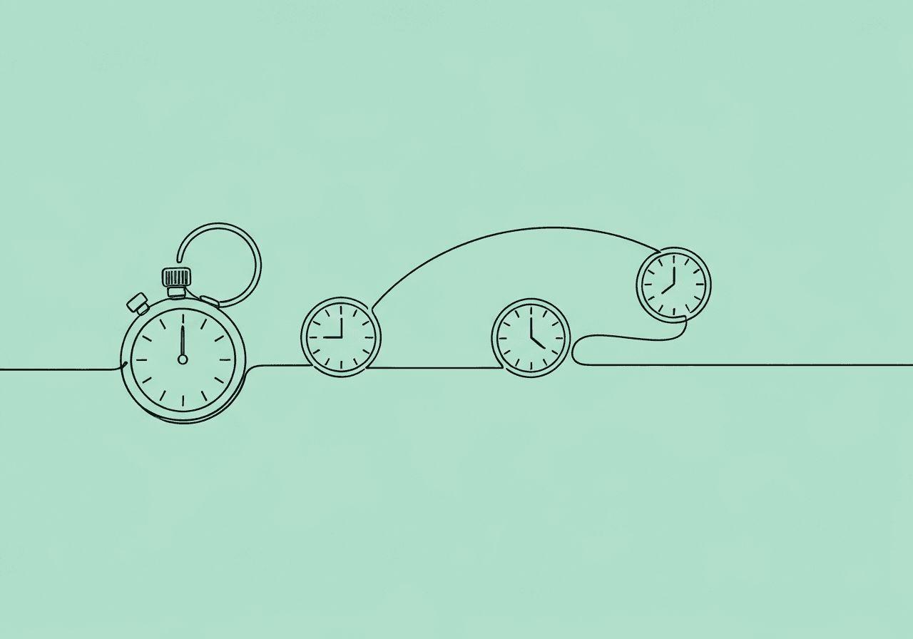 Master RBT Discontinuous Measurement: Exam Guide Minimalist line art of an open stopwatch and three distinct clocks connected along a single line, visually representing RBT discontinuous measurement methods for behavioral data in applied behavior analysis.