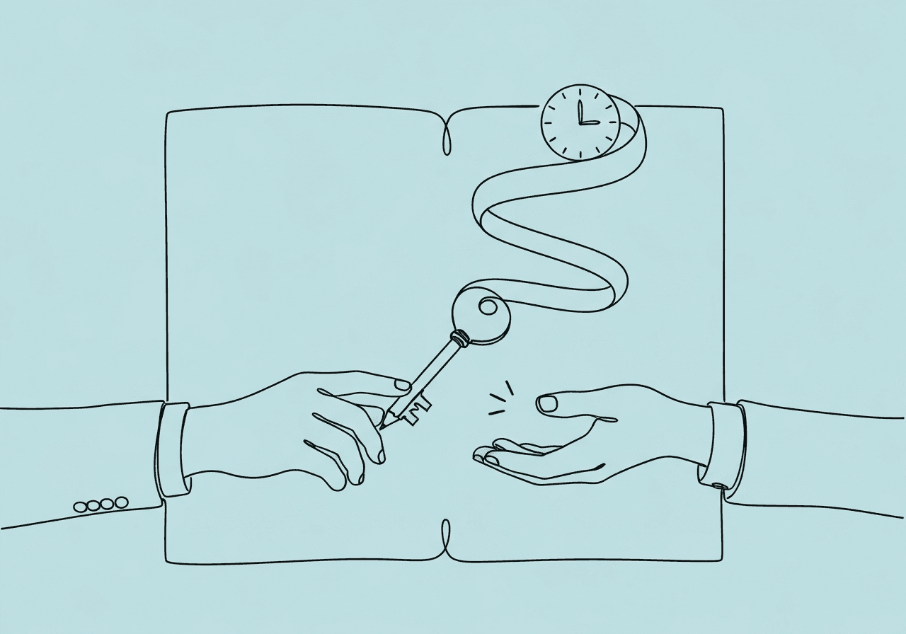 RBT 2026 Documentation Changes: What BCBAs Need to Know Minimalist line art illustration showing hands exchanging a pencil-shaped key, with a swirling ribbon forming a subtle clock, representing RBT 2026 documentation changes. Visually communicates the transition to professional development and new documentation processes.