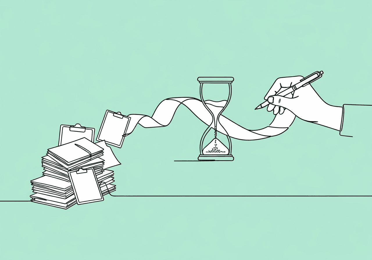 RBT Documentation Hacks: 10 Time-Saving Tips Minimalist line art on pastel mint depicting RBT documentation hacks: scattered notes smoothly transforming into a ribbon-wrapped hourglass and a poised writing hand, symbolizing streamlined note-taking and time-saving strategies for RBTs.