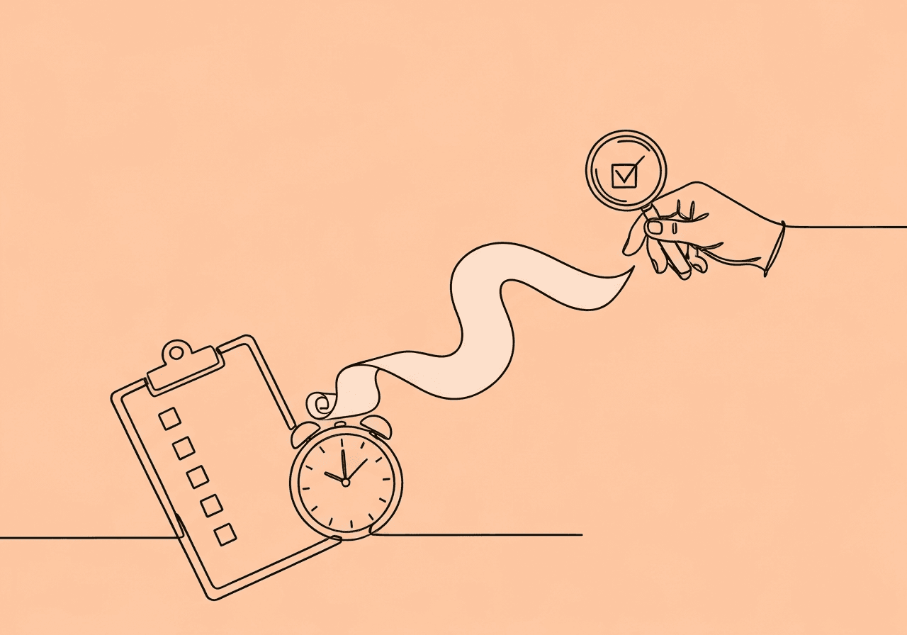 RBT Documentation Mistakes: Top 6 Beginners Avoid Minimalist line art features a clipboard, flowing paper, a clock, and a hand with a magnifying glass, symbolizing RBT documentation mistakes and the process of reviewing and correcting notes in ABA practice.