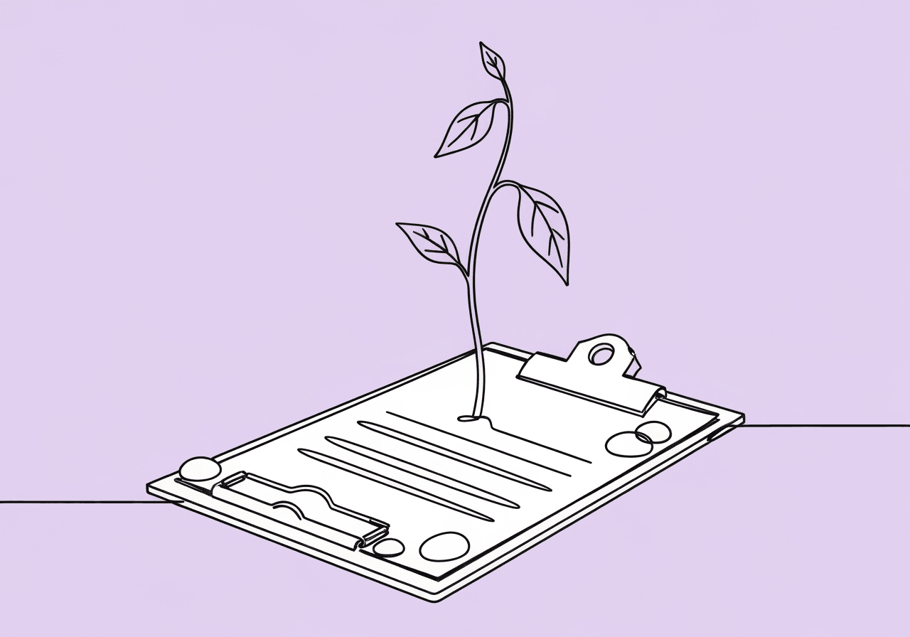 RBT Documenting Non-Progress: Ethical Guide Minimalist line art clipboard with a fragile plant gently rising and a drooping leaf, symbolizing RBT documenting non-progress and the challenges of objective session notes for flat or declining client data.