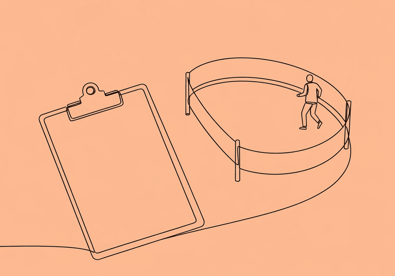 RBT Elopement Documentation: ABC Data Guide Minimalist line art of a clipboard transforming into a protective barrier encircling a figure approaching the edge, visually representing RBT elopement documentation and the process of safeguarding and recording incidents with care.