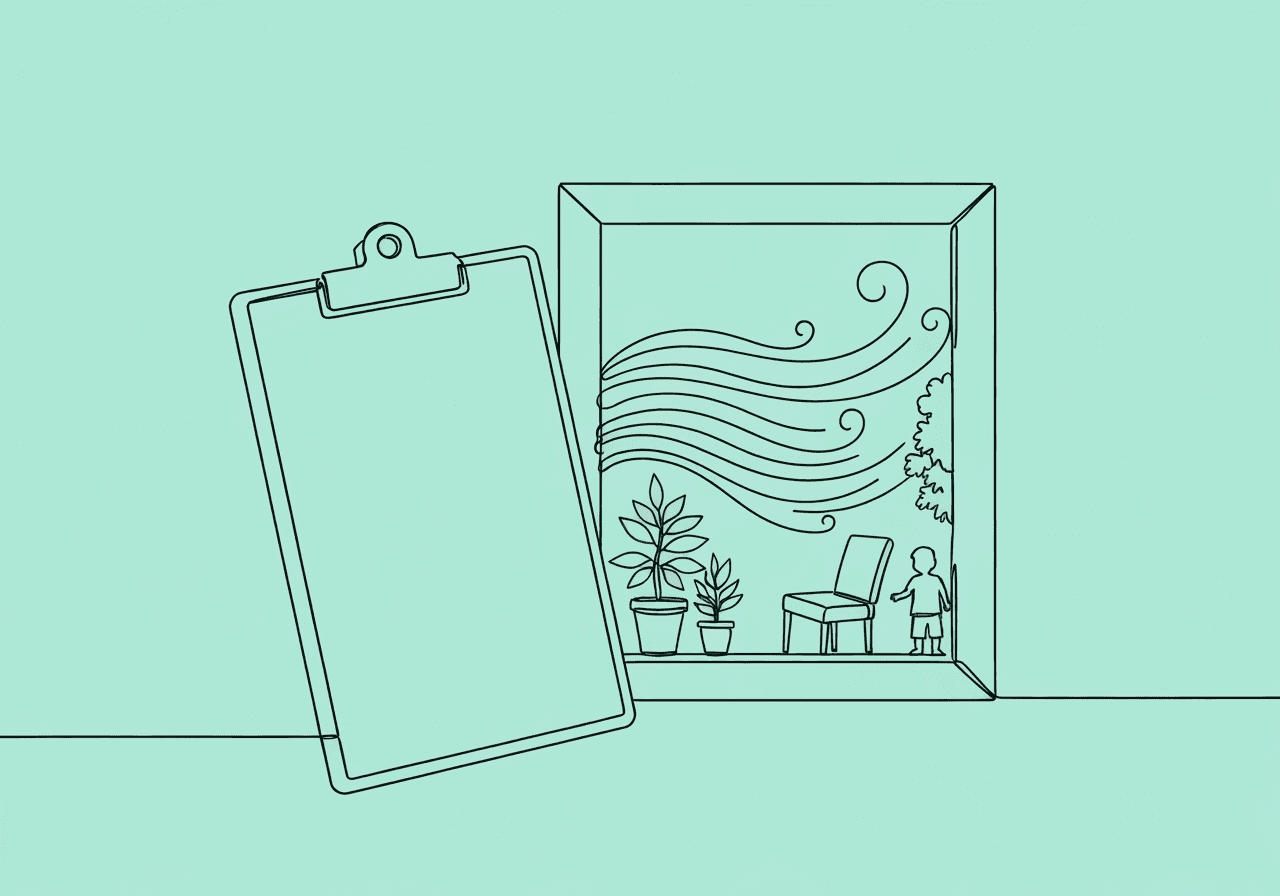 RBT Environmental Variables Documentation: Essential Guide Minimalist line art of a clipboard blending into an open window with environmental details, illustrating RBT environmental variables documentation as the connection between observation and clinical notes.