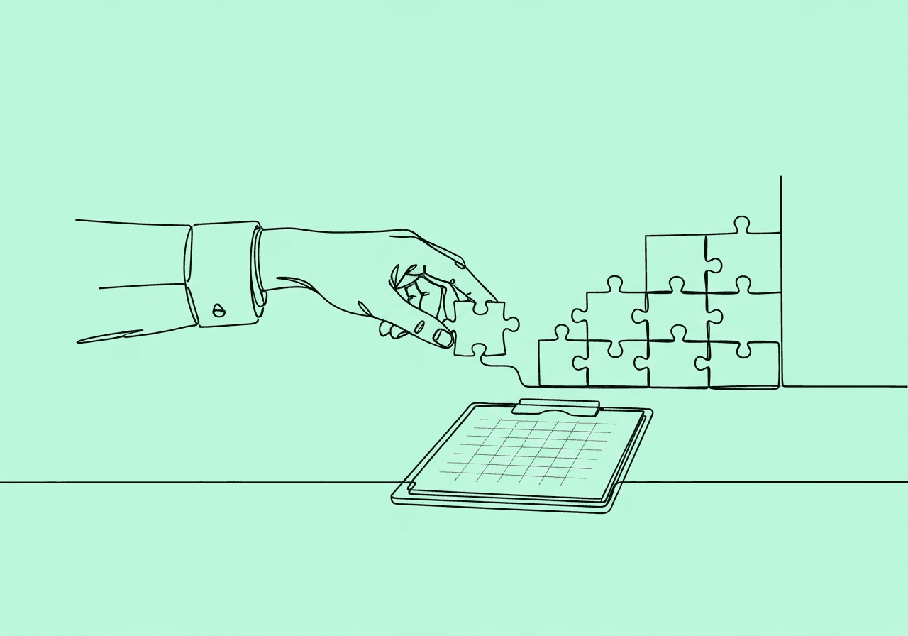 Master Errorless Learning Documentation for RBTs Minimalist line art illustration showing a hand guiding a puzzle piece into place on a staircase-like puzzle above a clipboard, visually representing errorless learning documentation in ABA for RBTs.