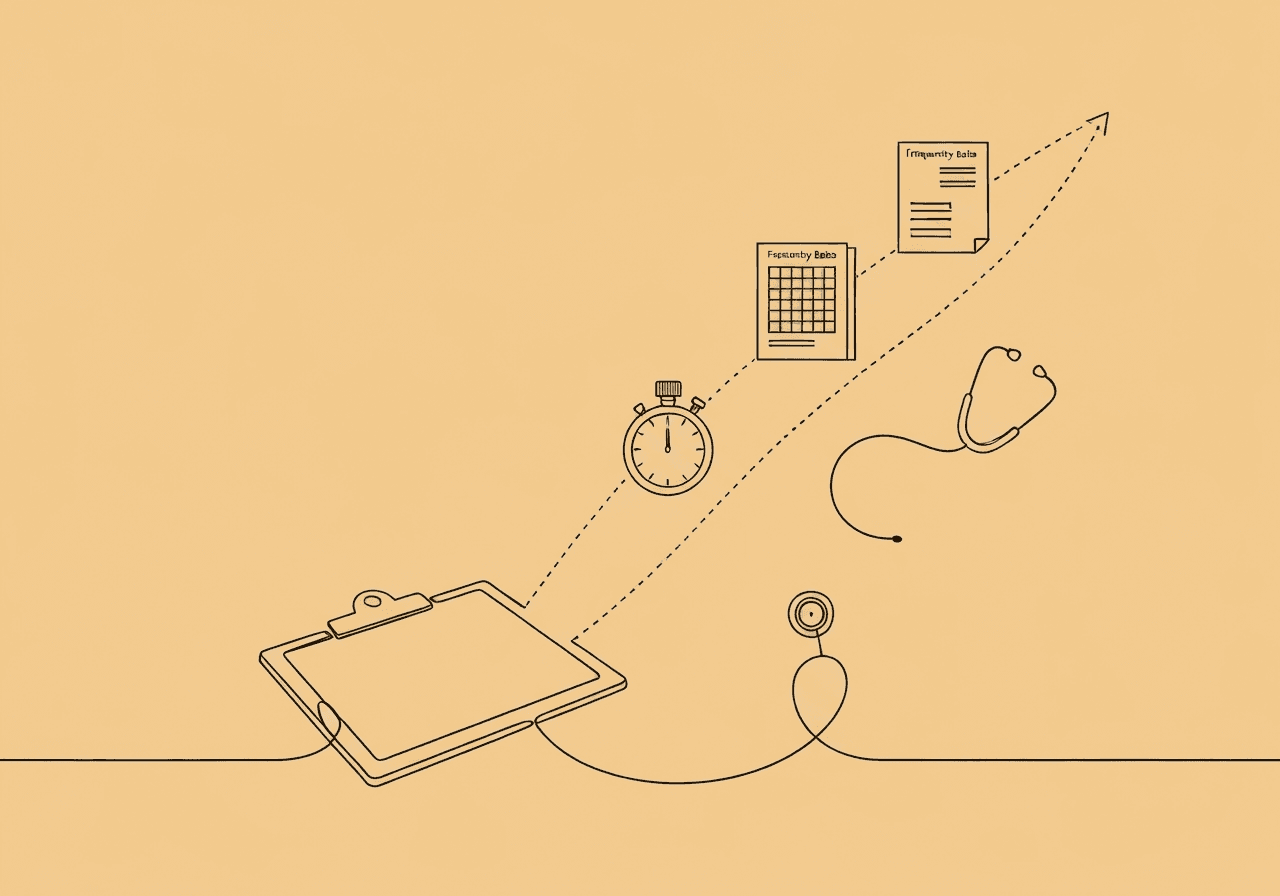 RBT First Session Notes: Beginner Guide & Tips Minimalist line art of an open clipboard and pathway featuring a stopwatch, grid sheet, and stethoscope, visually summarizing RBT first session notes essentials for organized and objective clinical documentation.