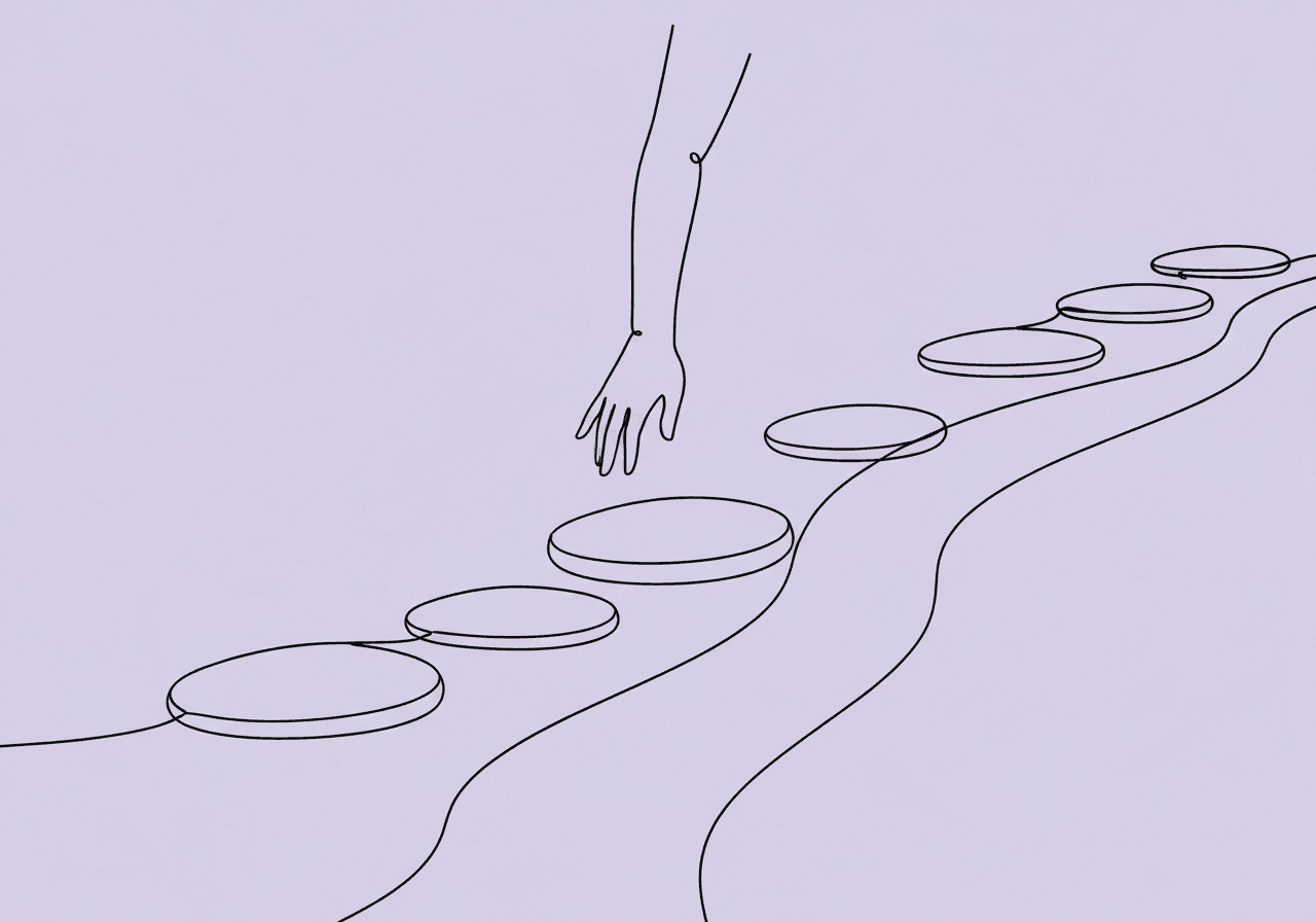 Master RBT Generalization Probes Documentation Minimalist line art of stepping stones crossing a stream, with an open hand guiding the way, visually representing RBT generalization probes and the process of skill maintenance in therapy sessions.