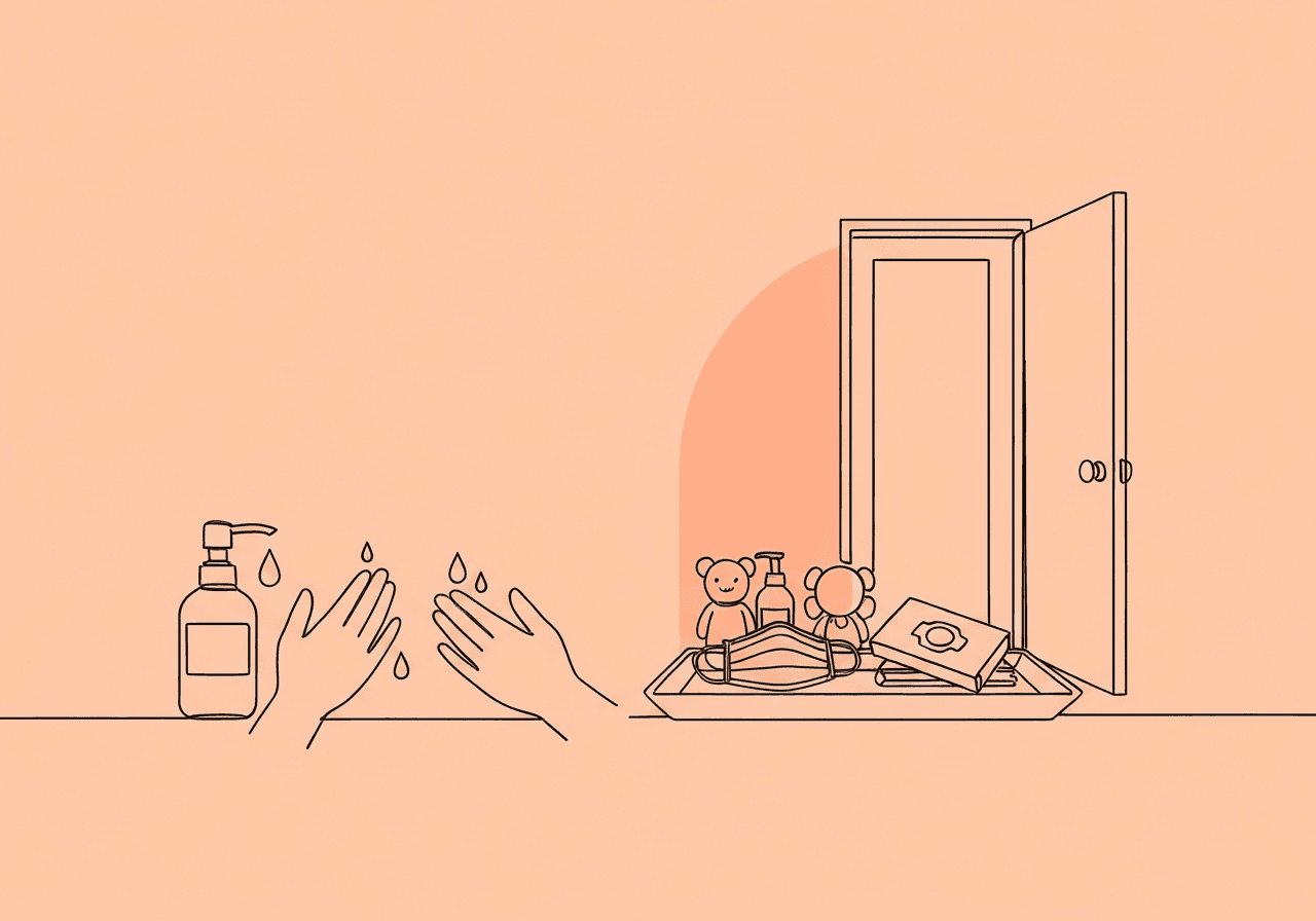 Essential RBT Hygiene Checklist: Infection Control Minimalist line art of hands, cleaning supplies, and a welcoming home doorway visually representing an RBT hygiene checklist for safe, organized home ABA sessions.