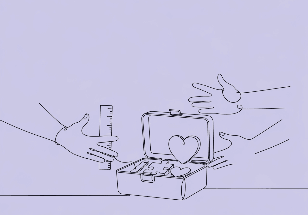 B-2 Assist with individualized assessment procedures (e.g., curriculum-based, developmental, social skills) Minimalist line art of a toolkit with ruler, puzzle piece, and heart, surrounded by assisting hands—visually representing the RBT Task List B-2 Individualized Assessments and the supportive, tailored role of RBTs in assessments.