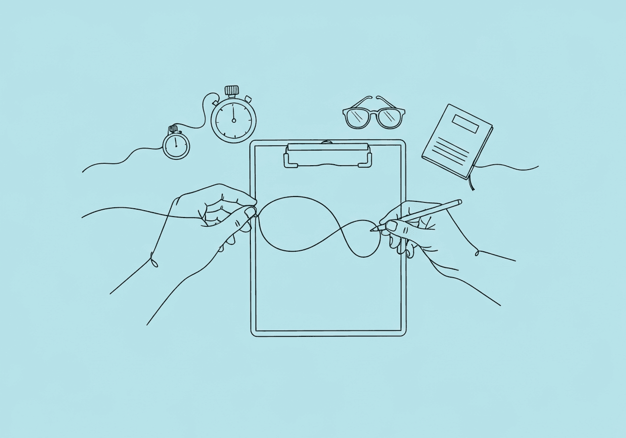 IOA Documentation ABA: RBT Step-by-Step Guide Minimalist line art of two hands collaborating over a clear clipboard, symbolizing IOA documentation in ABA with observational tools in the background. This visual represents transparency and reliability in recording interobserver agreement for ABA professionals.