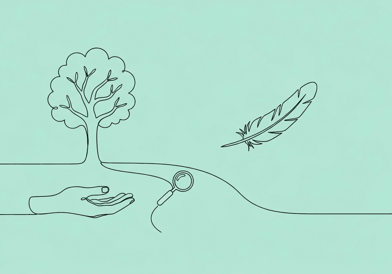 RBT NET Documentation: Step-by-Step Workflow Minimalist line art illustration depicting RBT NET documentation: a path flowing through a natural setting, morphing into a tree, magnifying glass, and careful hand, visually representing observation, guidance, and environment in behavioral teaching.