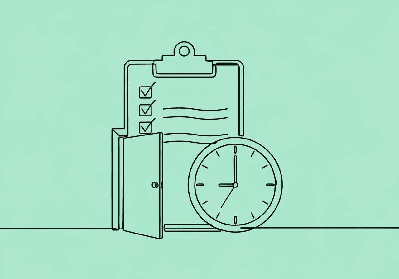 RBT No-Show Documentation: Beginner's Guide Minimalist line art illustration showing a clipboard, a clock, and an open doorway, representing RBT no-show documentation and the importance of tracking cancellations, lateness, and session attendance for compliance.
