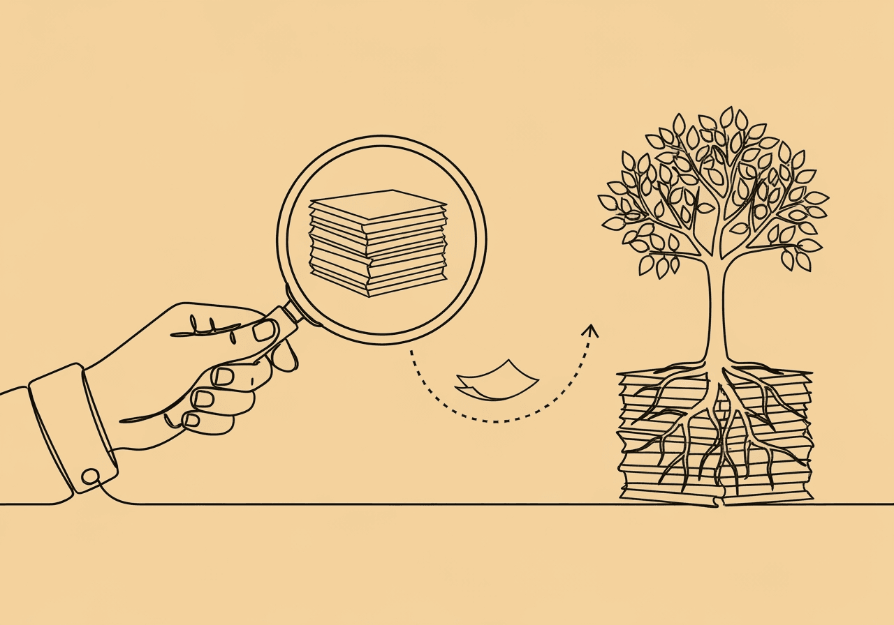 RBT Note QA Rubric: Essential BCBA Guide Minimalist line art on a pastel sand background shows a hand holding a magnifying glass over session papers, with a small tree growing from them, symbolizing the RBT note QA rubric improving documentation quality and fostering growth.