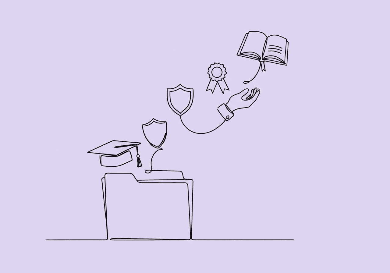RBT Onboarding Documentation Checklist for BCBAs Minimalist line art illustration of RBT onboarding documentation, featuring an open folder with a graceful line connecting onboarding symbols like a graduation cap, certificate, hand, and open book to represent essential documentation steps.