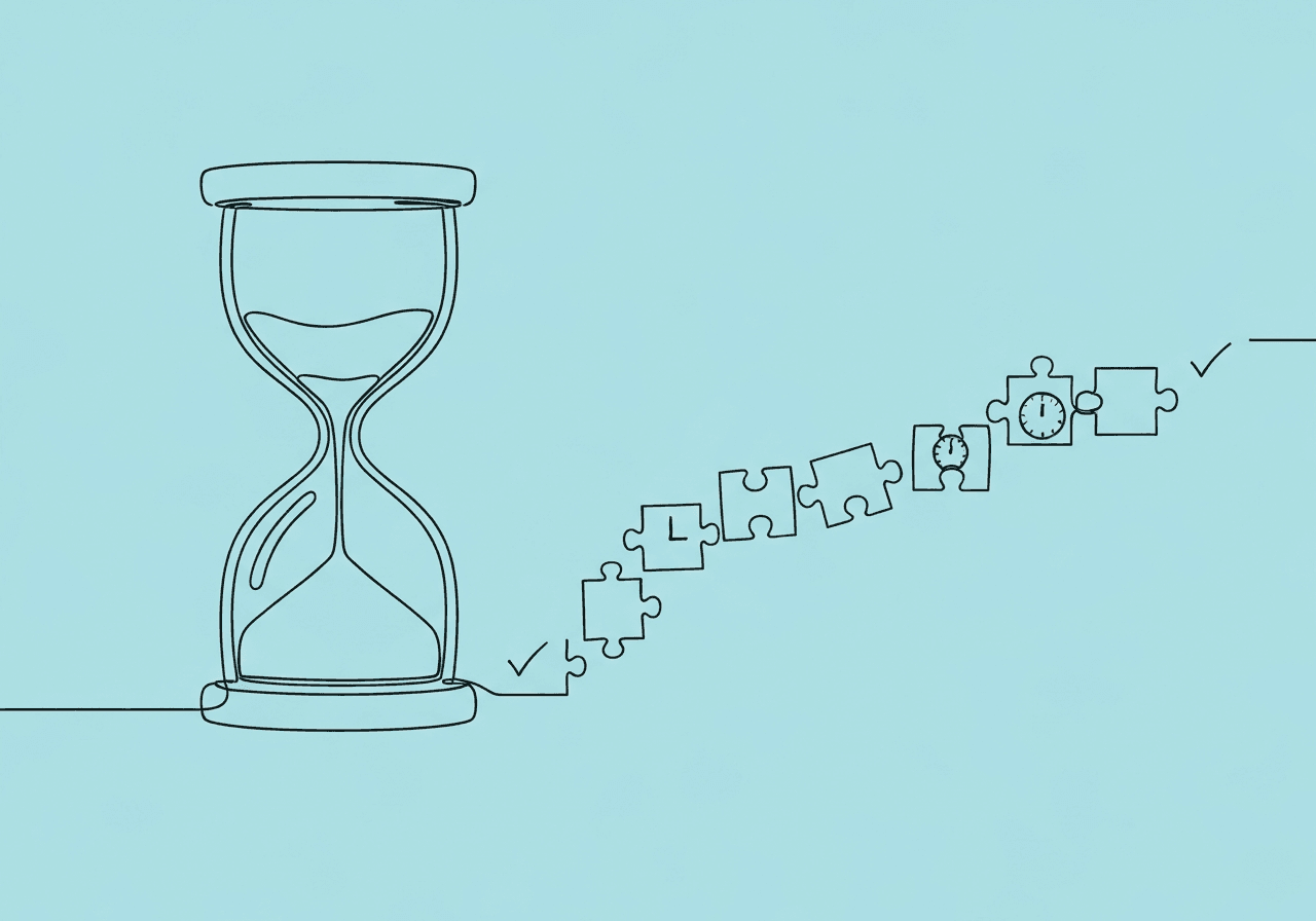 RBT Partial Interval Recording Implementation Guide Minimalist line art on a pastel blue background shows an hourglass spilling sand that transforms into puzzle pieces, representing the RBT Partial Interval Recording implementation process and careful behavioral observation.